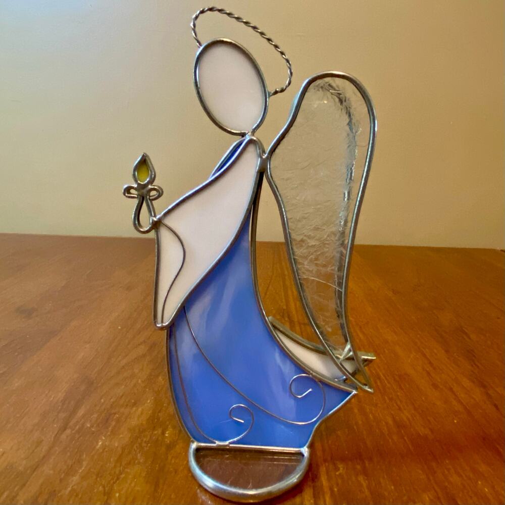 Vintage 8” Stained Glass Christmas Angel Holding Candle.